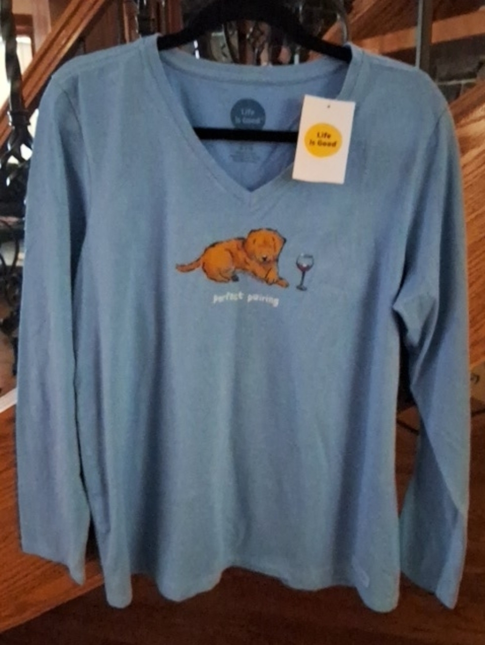 Life Is Good Light Blue V-Neck Tee with Dog & Wine Art